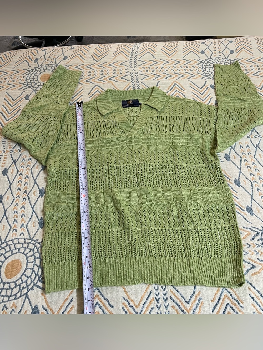 Men's V-Neck Openwork Sweater in Light Olive - Picture 3 of 7